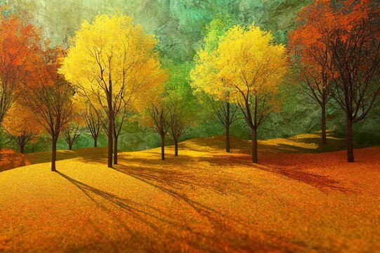 Group of deciduous trees among the rocks. Cutout yellow trees in autumn isolated on transparent background. Forest scape for landscaping. Colorful tree line in fall. Photorealistic 3d rendering.