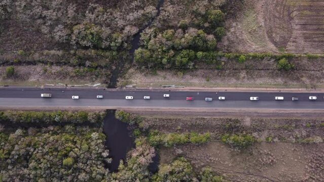 Traffic jam at border of Uruguay South America aerial 