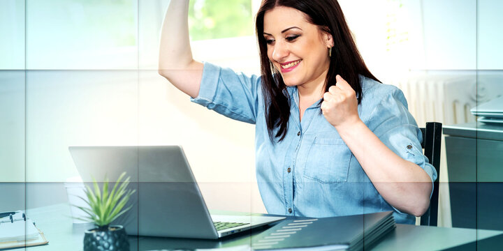 Young Woman Getting Good News On Laptop, Geometric Pattern