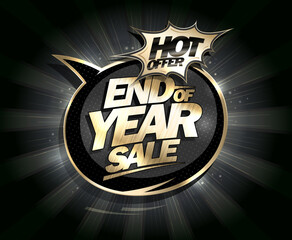 End of year sale, hot offer poster template with golden lettering and black rays backdrop - 534451860