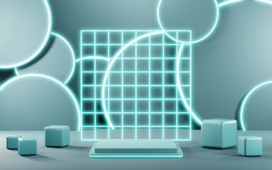 3D render of Podium background in blue tones for displaying cream products. cosmetics