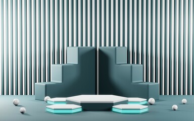 3D render of Podium background in blue tones for displaying cream products. cosmetics