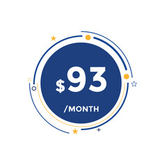 93 dollar price tag. Price $93 USD dollar only Sticker sale promotion Design. shop now button for Business or shopping promotion
