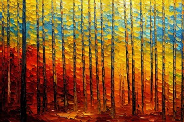 Oil painting colorful autumn trees. Semi abstract image of forest, aspen trees with yellow red leaf. Autumn, Fall season nature background. Hand Painted Impressionist, outdoor landscape