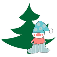 Christmas Tree with Gnome illustration. Hand-drawn illustration. 