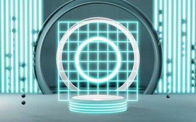 3D render of Podium background in blue tones for displaying cream products. cosmetics