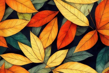 pattern of autumn foliage artwork, with multicolored hand drawn leaves, perfect for fabrics and decoration