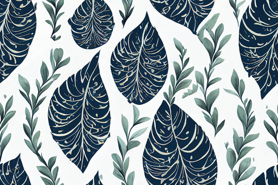 Imprints abstract ornate tender leaves mix repeat seamless pattern. Digital hand drawn picture with watercolour texture. Mixed media artwork. Endless motif for textile decor and botanical design