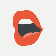 Open women mouth, white teeth, tongue . Female red lipstick lips with different emotions, mimic, facial expressions . Make up, beauty, podcast . Sexy talking, kissing mouth, human body part