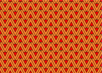 Orange color v shape letter repeating pattern isolated on red background vector. Zigzag chevron, thin diagonal lines, victory sign illustration, wall ceramic tiles seamless pattern.
