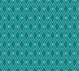 Teal green v alphabet letter repeating pattern background vector. Diamond fabric, rhombus, thin diagonal lines, valentine card, wall ceramic tiles, zigzag chevron seamless pattern.