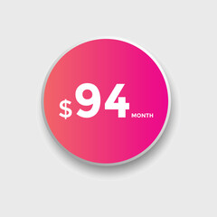 94 dollar price tag. Price $94 USD dollar only Sticker sale promotion Design. shop now button for Business or shopping promotion
