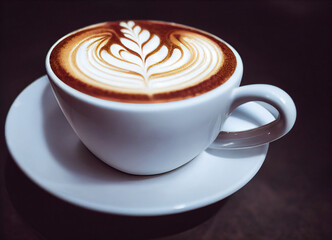 cup of coffee on wooden table. Art illustration. Cappuccino or late or americano. Top view. 3d image