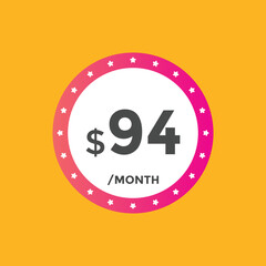 94 dollar price tag. Price $94 USD dollar only Sticker sale promotion Design. shop now button for Business or shopping promotion
