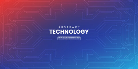 Abstract digital technology concept with circuit lines on orange red blue background