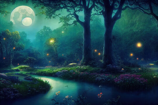 Fantasy magical enchanted fairy tale landscape with forest lake, fabulous fairytale garden. mysterious blue background and glowing moon ray in night