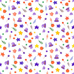 Hand drawn watercolor leaves and pumpkin seamless pattern no background. Can be used for textile, Halloween Scrapbook design, banner.