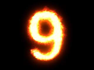 Symbol made of fire. High res on black background. Number 9