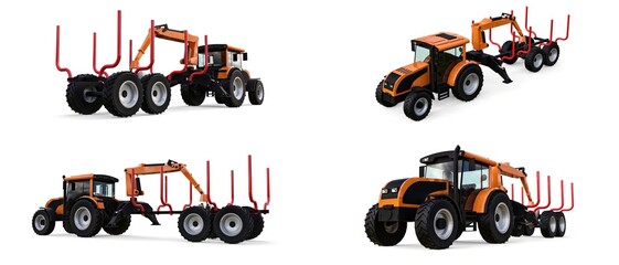 Orange tractor with a trailer for logging on a white background. 3d rendering.