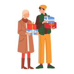 Happy couple going with  gift boxes  for Xmas, New Year, winter holiday. Man and woman during Xmas holiday preparation. Flat graphic vector illustration isolated on white background.