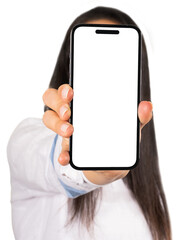 Modern phone mock up, young brunette woman showing modern phone mock up. Isolated on white...