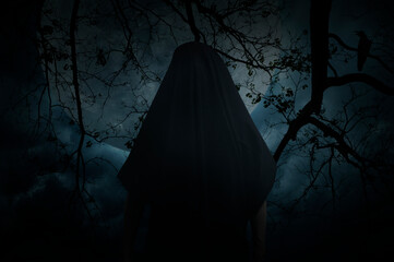 Grim reaper standing over dead tree, crow, birds, full moon and spooky cloudy sky, Halloween...