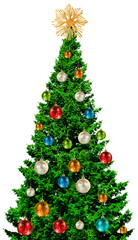 Green christmas tree with colorful glass balls isolated