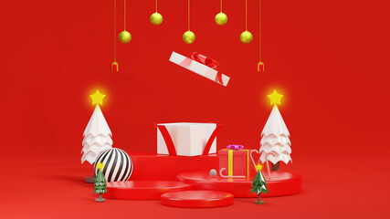 happy new year background Green Christmas tree with stars and gift boxes placed on a red round studio stand. Glowing realistic 3D decorative garland Christmas decorations. illustration.3D render