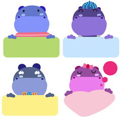 Hippopotamus Face Mood with Banner. Cute Wildlife Animal hang on Tag Vector Illustration.