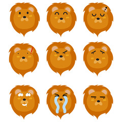 Lion face mood. Present of face Still, Smile, Sleep, Angry, Sad, Confused, Obscene, Cry, Glance. Cute Wildlife Animal Character Vector Illustration.