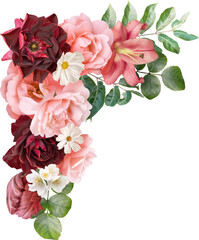Red and pink flowers isolated on a transparent background. Floral arrangement, bouquet of roses and...