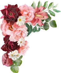 Foto auf Acrylglas Red and pink flowers isolated on a transparent background. Floral arrangement, bouquet of roses and tulips. Can be used for invitations, greeting, wedding card. © RinaM