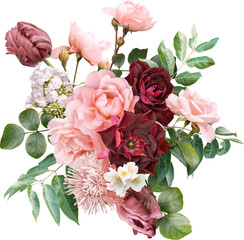 Red and pink flowers isolated on a transparent background. Floral arrangement, bouquet of roses and...
