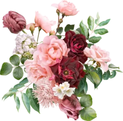 Zelfklevend Fotobehang Red and pink flowers isolated on a transparent background. Floral arrangement, bouquet of roses and tulips. Can be used for invitations, greeting, wedding card. © RinaM