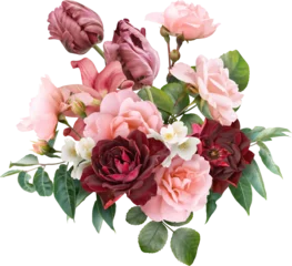Foto auf Acrylglas Red and pink flowers isolated on a transparent background. Floral arrangement, bouquet of roses and tulips. Can be used for invitations, greeting, wedding card. © RinaM