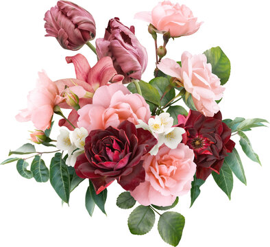Red and pink flowers isolated on a transparent background. Floral arrangement, bouquet of roses and tulips. Can be used for invitations, greeting, wedding card.