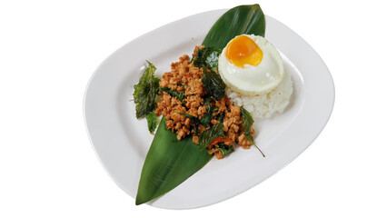 PAD KAPRAO, stir-fried meat with holy basil leaves served with steamed rice and sunny side up egg, one of most popular Thai dish, isolated white background 