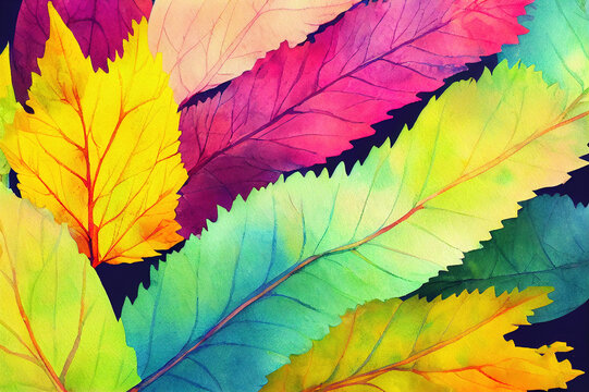 Colorful vibrant watercolor leaves background. Spring, autumn nature leaves print for cards, poster, wallpaper, wall frame