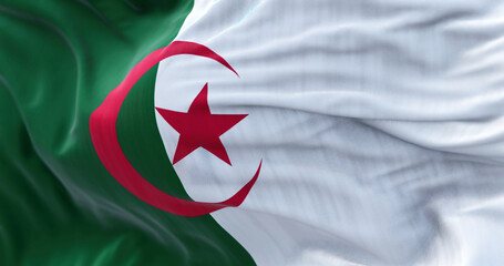 Close-up view of the Algeria national flag waving in the wind - obrazy, fototapety, plakaty