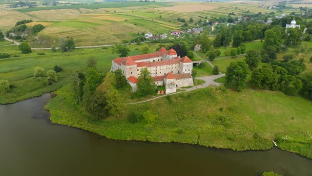 Ukrainian ancient Svirzh castle in sunny day. Filmed in UHD 4k video.
