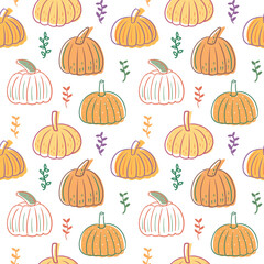 Seamless Pattern with Hand Drawn Pumpkin Art Design on White Background