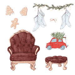 Illustration Christmas set of vintage interior elements