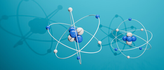 3D illustration model of atoms with nucleus, electrons, protons and neutrons orbiting in a circular path, science research blue background