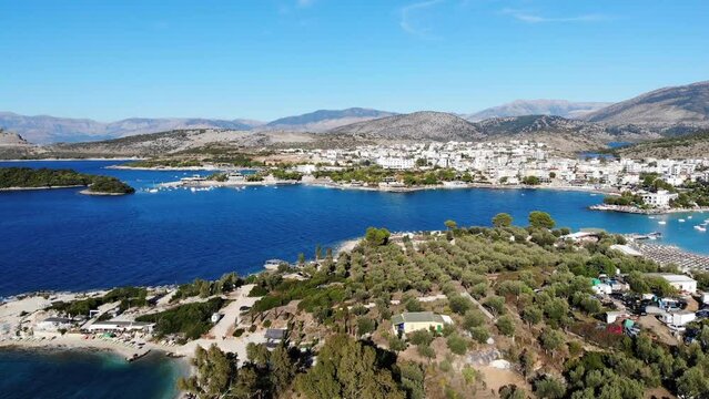 Ksamil islands in Albania, ionic coast from above, aerial shot from drone, landscape beautiful scenery travel holidays
