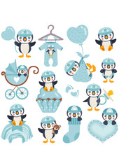 Set of blue digital elements of cute baby boy penguin