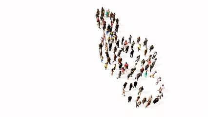 Concept or conceptual large community of people forming the image of a musical note on white background. A 3d illustration metaphor for music, concert, accoustic, orchestra, education and culture