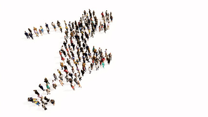 Concept or conceptual large community of people forming the image of a runner on white background. A 3d illustration metaphor for athlete, sprinter, marathon, competition, exercise and  health