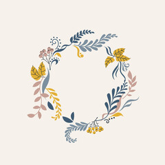 Elegant autumn wreath of leaves, twigs and clusters of rowan. Vector trendy illustration for design.