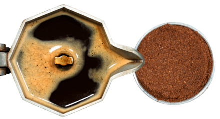 Close-up of an open Italian coffee maker with ground coffee in a metal filter, top view, photography, isolated on transparent background, png.