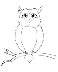 A wise owl sits on a branch. Contour work. Use as coloring, antistress for your decor. Hand drawing. Vector.